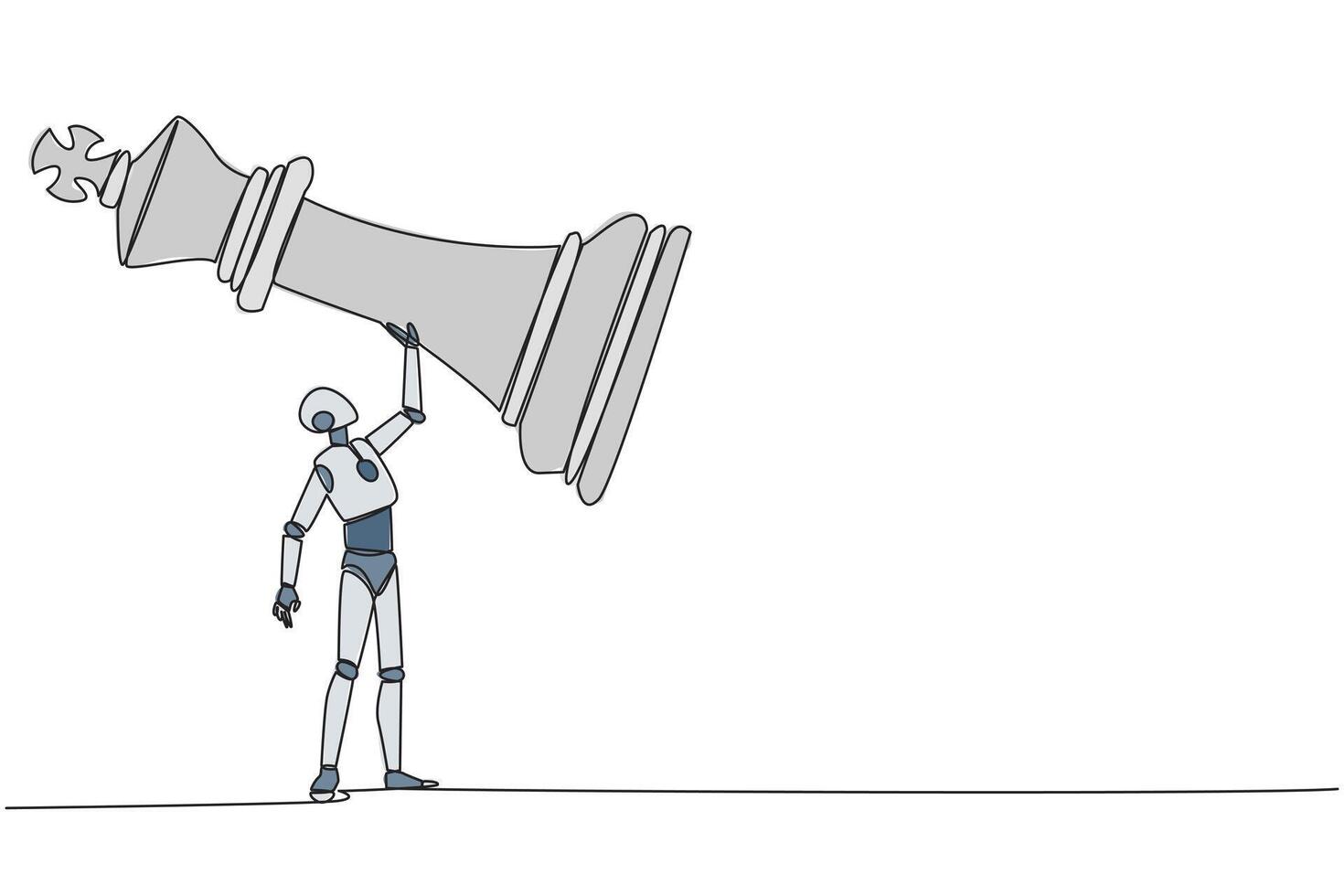 Single one line drawing smart robot future technology pulling big rook chess with rope. Business achievement goal, strategy, competitive, strategic concept. Continuous line design graphic illustration vector