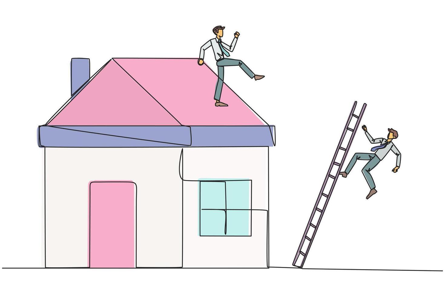 Single continuous line drawing businessman kicks opponent who climbs a miniature house with stairs. Metaphor of fraud committed by house developers. Bad business. One line design illustration vector