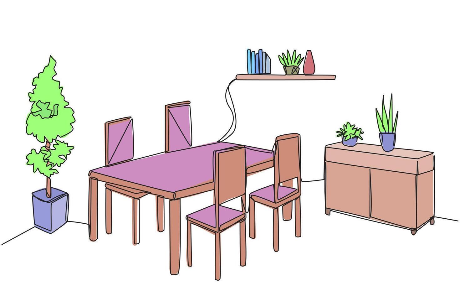 Single continuous line drawing old-style dining room. Made simple and modern with the presence of several additional decorative items. Vintage style dining table. One line design illustration vector