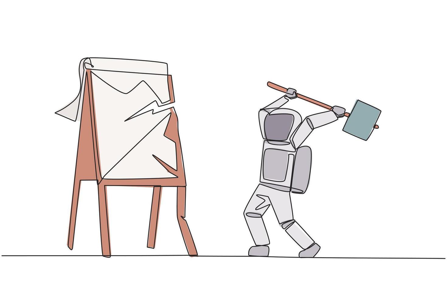 Single one line drawing young astronaut preparing to hit the big flip chart. Rampage. Destroy business reports that are not as desired. Anger exploded. Continuous line design graphic illustration vector
