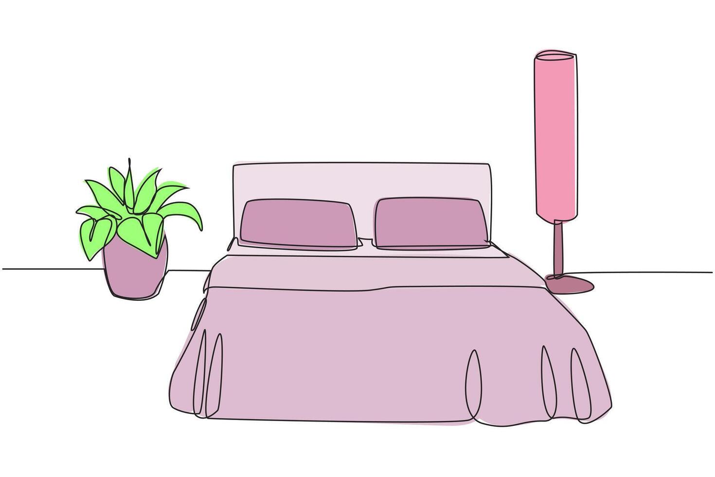 Single one line drawing stylish room with full furniture modern. Fully furnished. Flat design minimalist interior. Comfortable bedroom with floor lamp. Continuous line design graphic illustration vector
