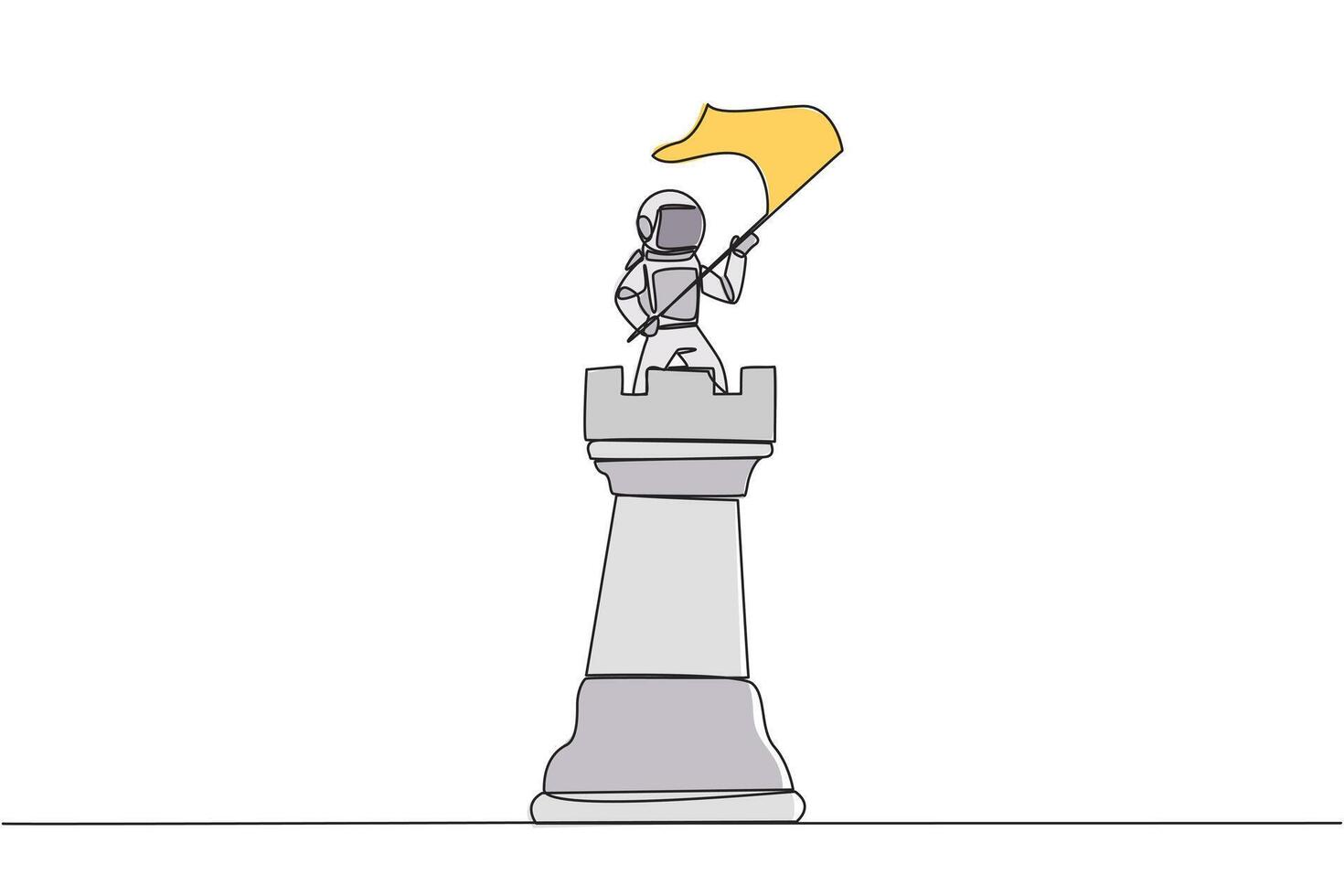 Single continuous line drawing young energetic astronaut standing on top of big rook chess and waving a flag. Leader success concept. Successful business strategy. One line design illustration vector