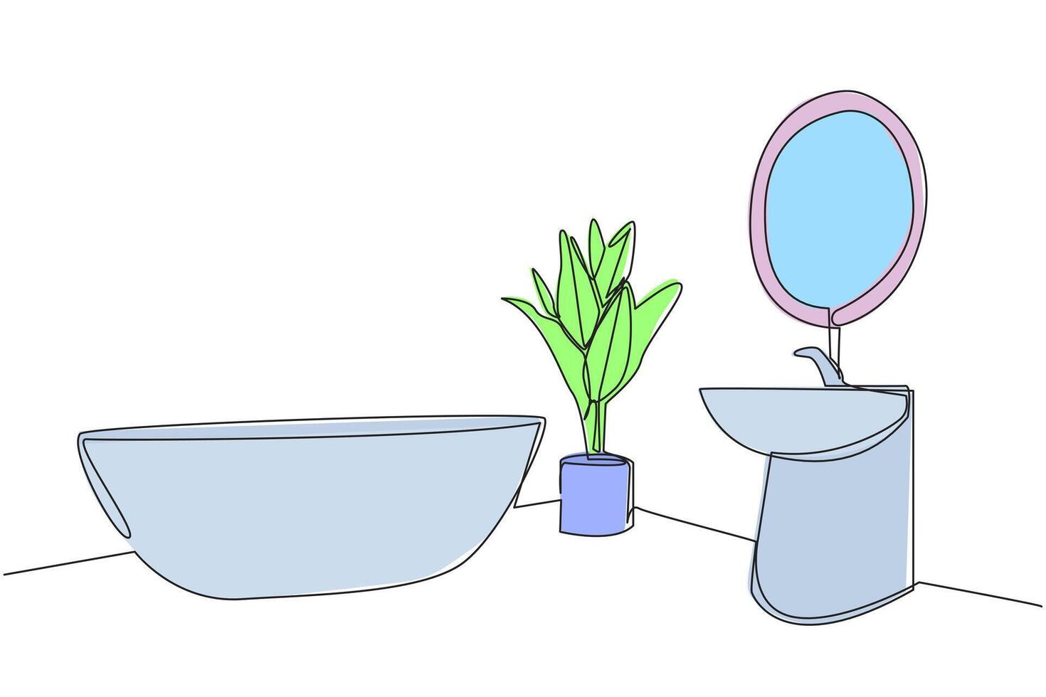Continuous one line drawing stylish bathroom with furniture modern. There is a mini bathtub and sink that are parallel. Simple bathroom furniture layout. Single line draw design illustration vector