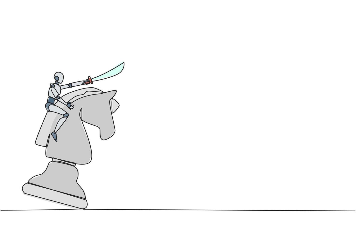 Single one line drawing robotic smart technology riding the big chess horse knight with sword. Strategy, business, competition, achievement goal concept. Continuous line design graphic illustration vector