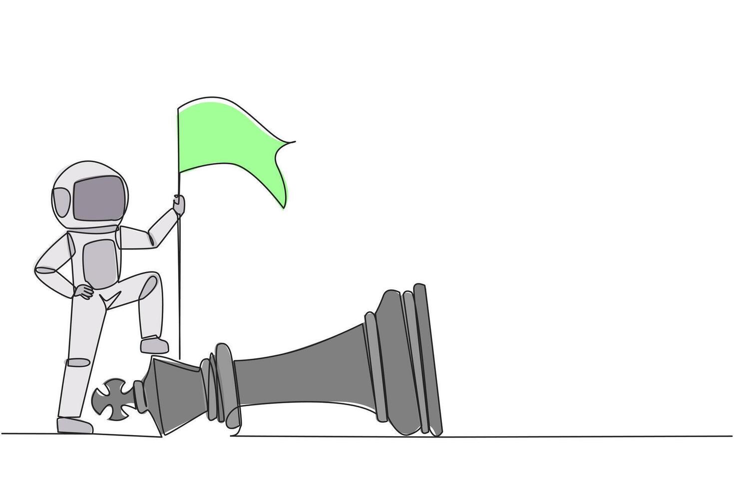 Single continuous line drawing young astronaut holds flag, defeat competitor in business as winning chess game. Strategy success using powerful move for advantage. One line design illustration vector