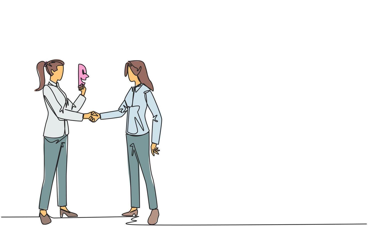 Single one line drawing two businesswomen shaking hands. One of them has two faces. Full of falsehood. Fake friend. Worst teamwork. Business betrayal. Continuous line design graphic illustration vector