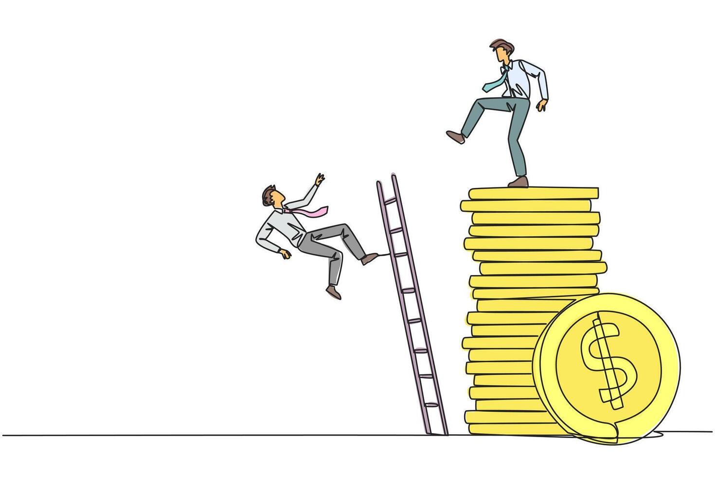 Single continuous line drawing businessman kicks opponent who climbing a pile of coins with a ladder. Greed for wealth. Forgetting comrades in arms. The traitor. One line design illustration vector