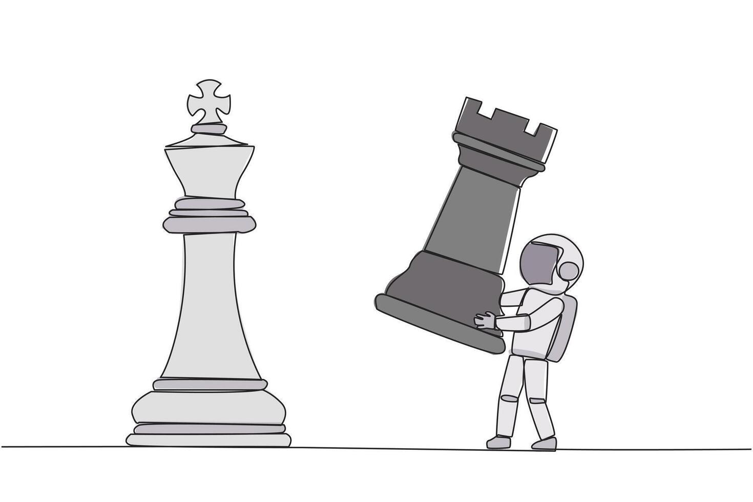 Single continuous line drawing young astronaut holds rook chess to beat king chess. Strategic planning, business development strategy, tactics in entrepreneurship. One line design illustration vector