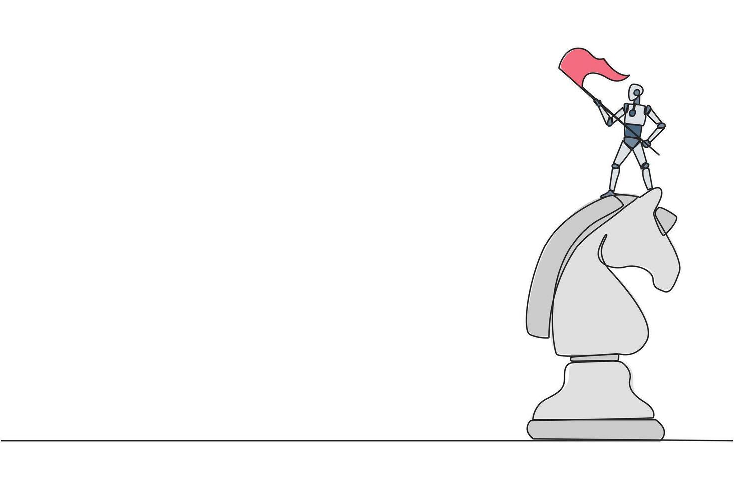 Single one line drawing robotic smart technology standing on top of the big horse chess and waving a flag. Business achievement goal, metaphor concept. Continuous line design graphic illustration vector