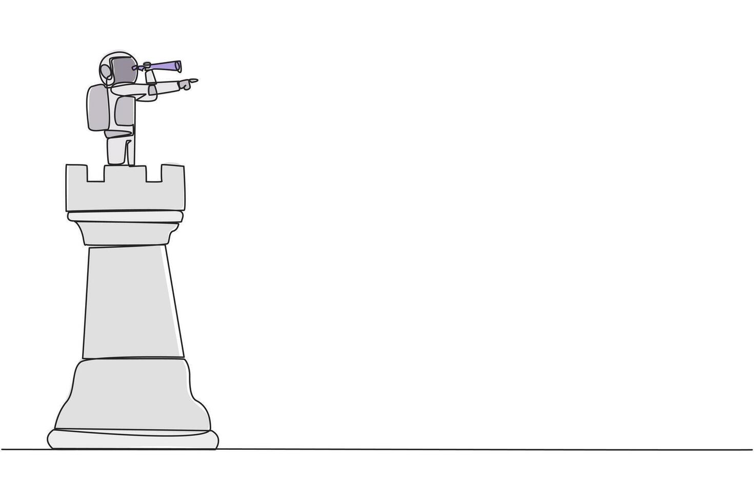 Single one line drawing young energetic astronaut on top of big rook chess piece using monocular looking for success, opportunities, future business trends. Continuous line design graphic illustration vector