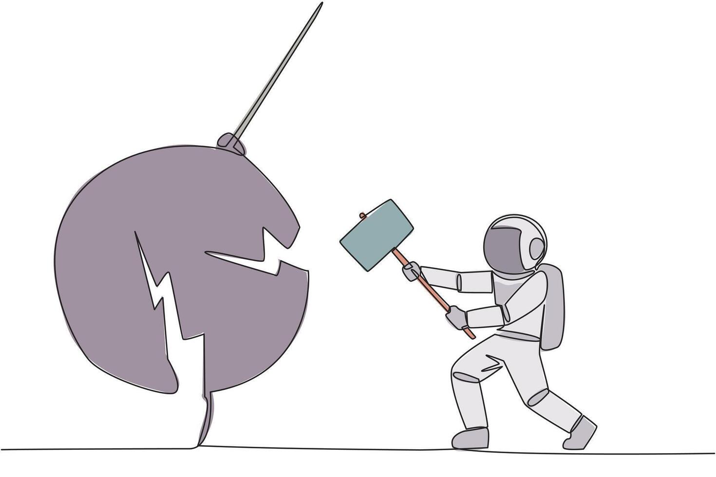 Continuous one line drawing astronaut preparing to hit big swinging pendulum. Metaphor eliminate business distraction. Number one to be a business keeper. Single line draw design illustration vector