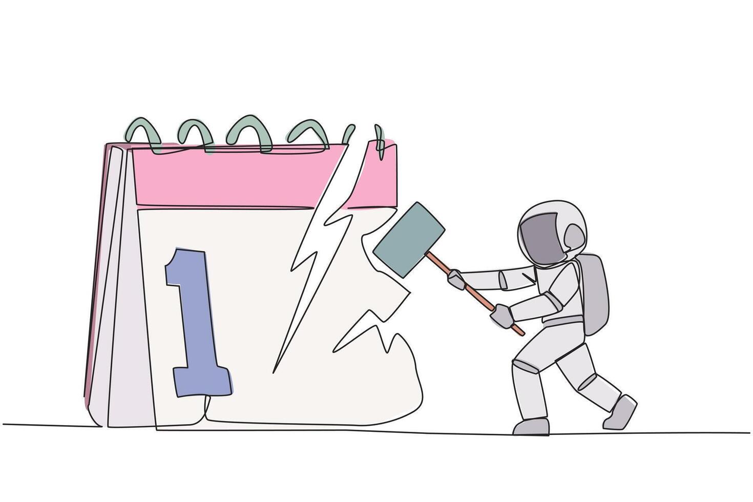 Continuous one line drawing astronaut preparing to hit the big desk calendar. Very angry expression. Lots of deadlines, holiday schedules become messy. Single line draw design illustration vector