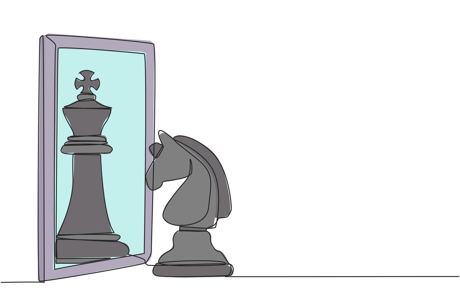 Continuous one line drawing horse chess standing in front of mirror, reflecting chess king. Metaphor of confidence. Success, opportunities concept. Chance. Single line draw design illustration vector