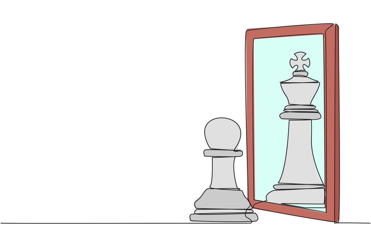 Continuous one line drawing pawn chess standing in front of mirror, reflecting chess king. Metaphor of confidence. Success, opportunities concept. Chance. Single line draw design illustration vector
