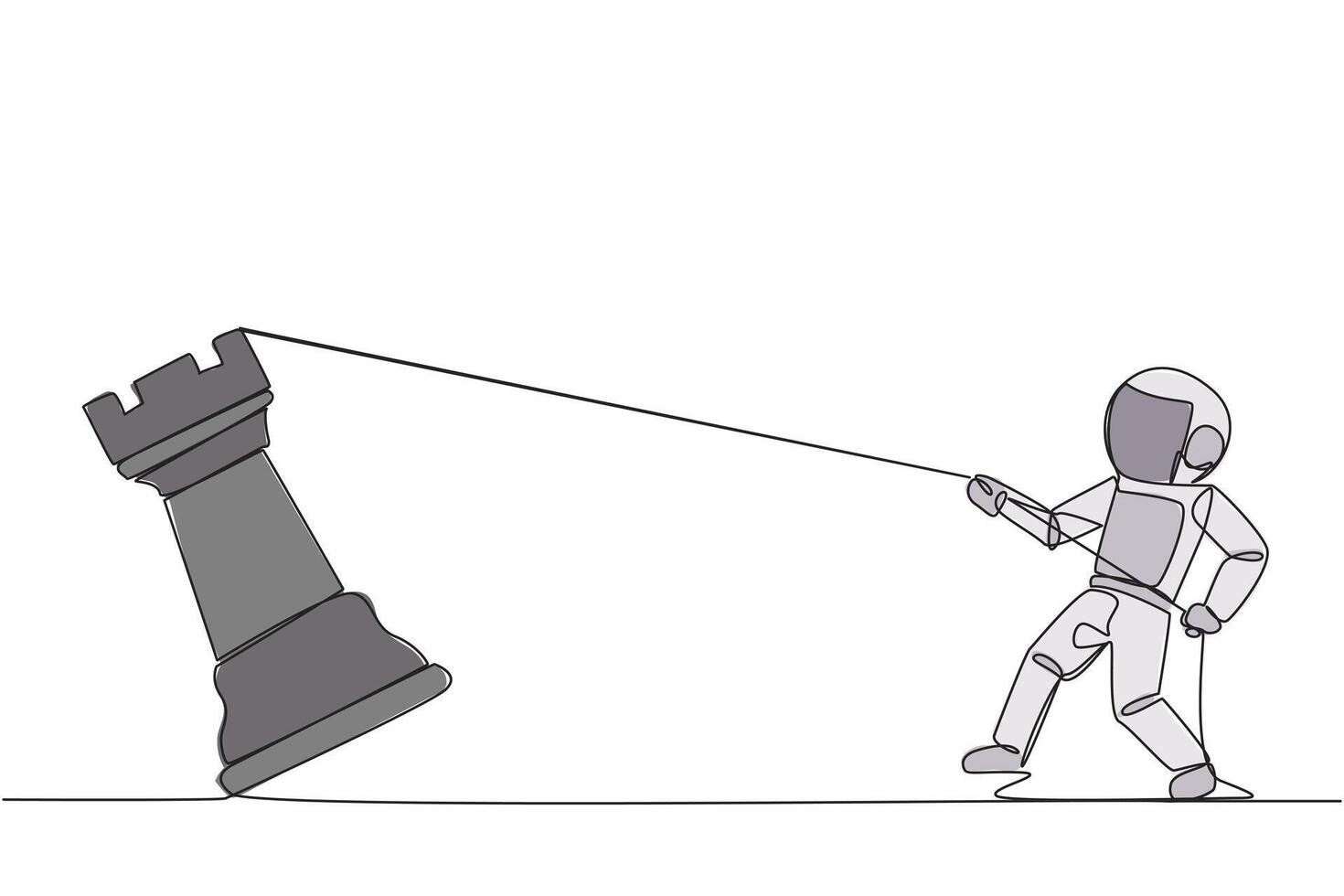 Single one line drawing young energetic astronaut pulling big rook chess with rope. Business achievement goal, strategy, competitive, strategic concept. Continuous line design graphic illustration vector