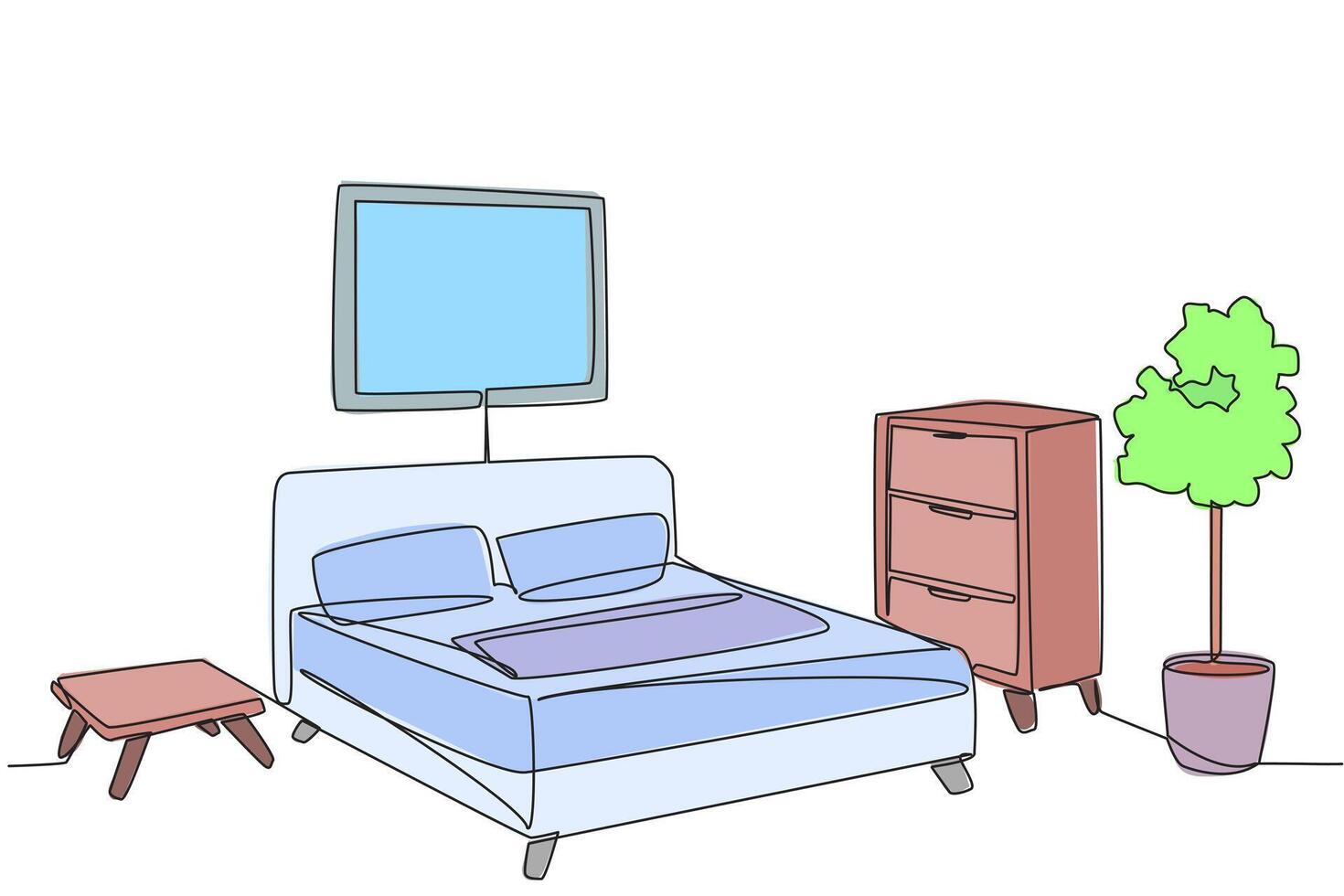 Continuous one line drawing stylish room with full furniture modern. Spring bed and pillow make more comfortable. Room where can rest to relieve fatigue. Single line draw design illustration vector