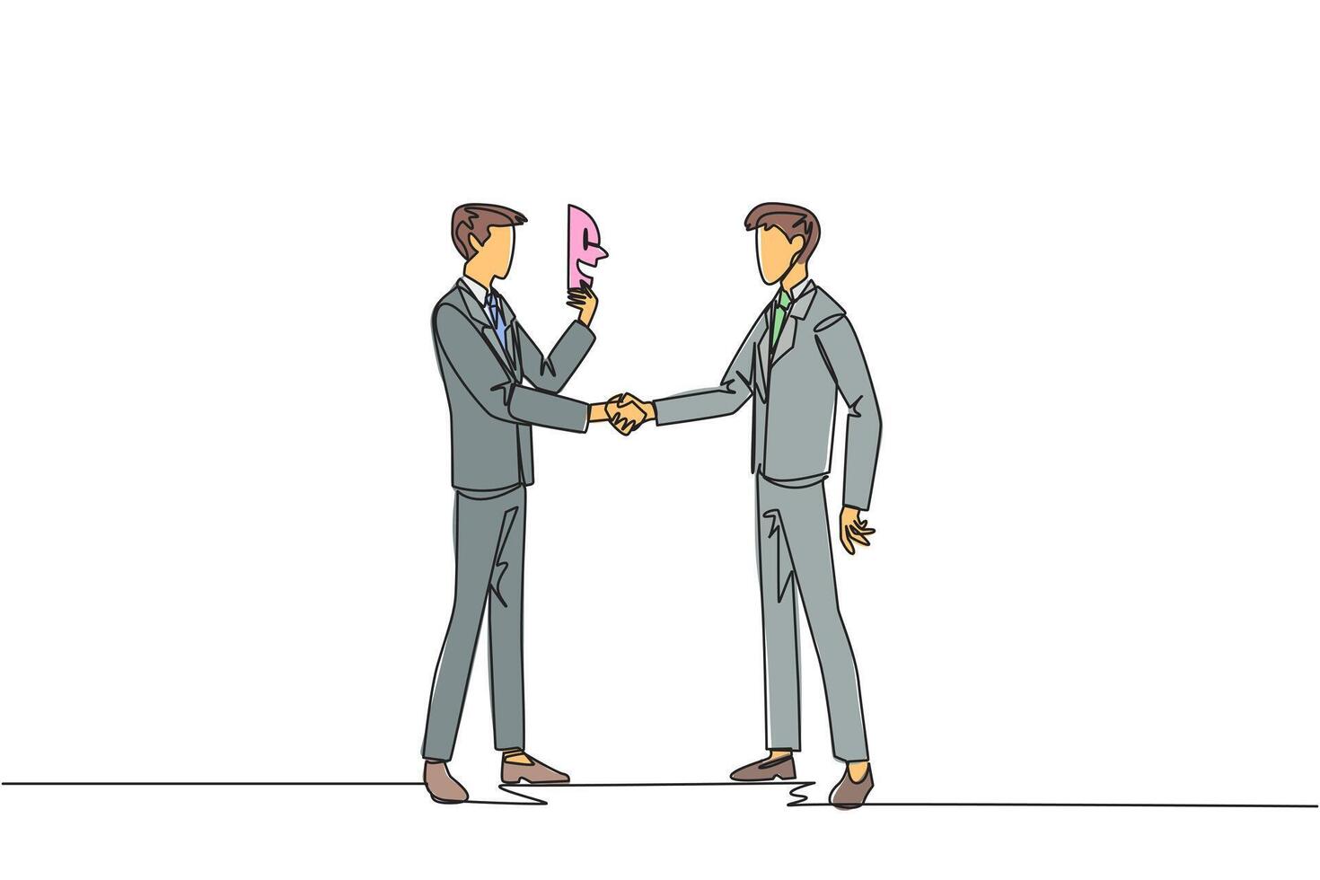 Single continuous line drawing two businessmen shaking hands. One of them has two faces. Full of falsehood. Fake friend. Worst teamwork. Business betrayal. Traitor. One line design illustration vector