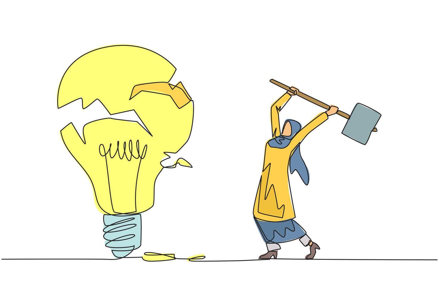 Continuous one line drawing Arab businesswoman preparing to hit big lightbulb. The thrashing anger. Failed to secure a brilliant business idea. Destruction. Single line draw design illustration vector