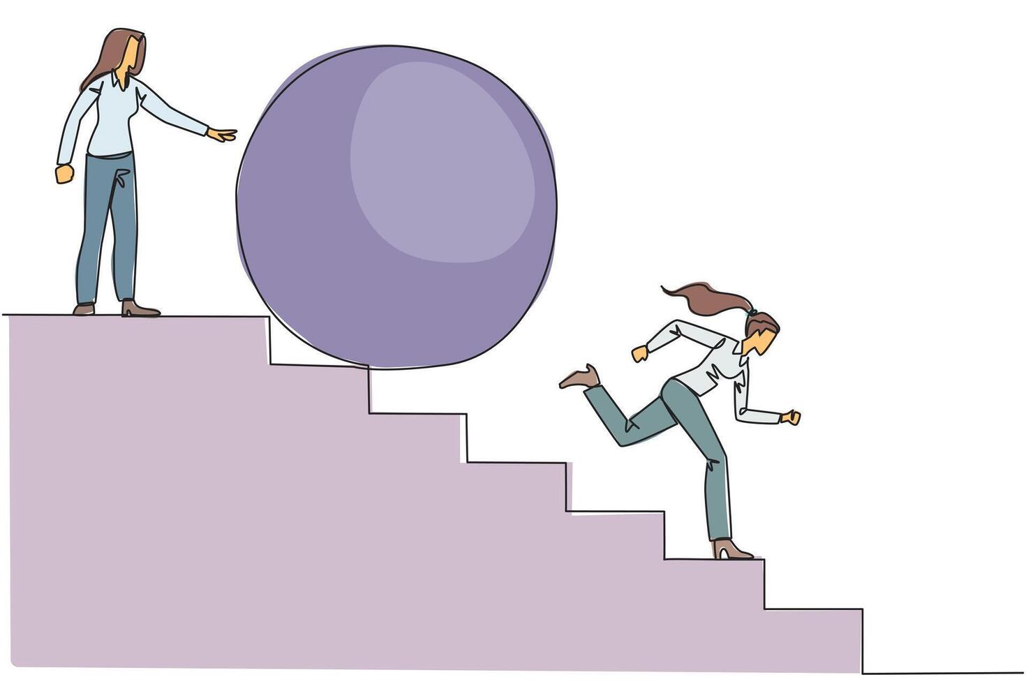 Single continuous line drawing businesswoman running down stairs avoiding big ball. Attacked by business friends. Traitor in business. Cheating in business. Betray. One line design illustration vector