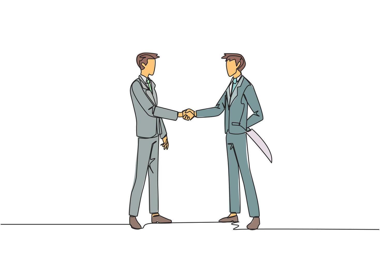 Single continuous line drawing two businessmen shaking hands. One of them holding a knife behind the back. Getting ready to stab. Must win at all costs. Traitor. One line design illustration vector