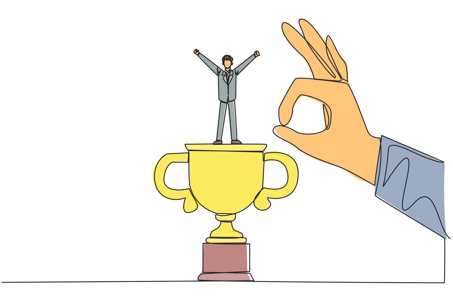 Continuous one line drawing businessman standing on big trophy. Celebrating the success of business. Got fraudulent business opponents. Falling helpless. Single line draw design illustration vector