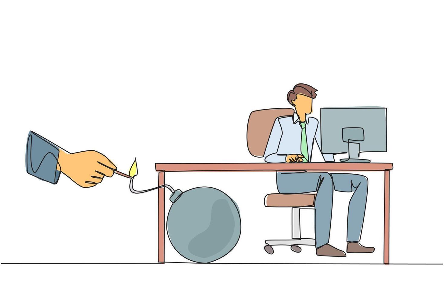 Single continuous line drawing businessman typing at a computer desk. Trapped by business partner. A bomb that could explode at any time. Betrayed by a colleague. One line design illustration vector
