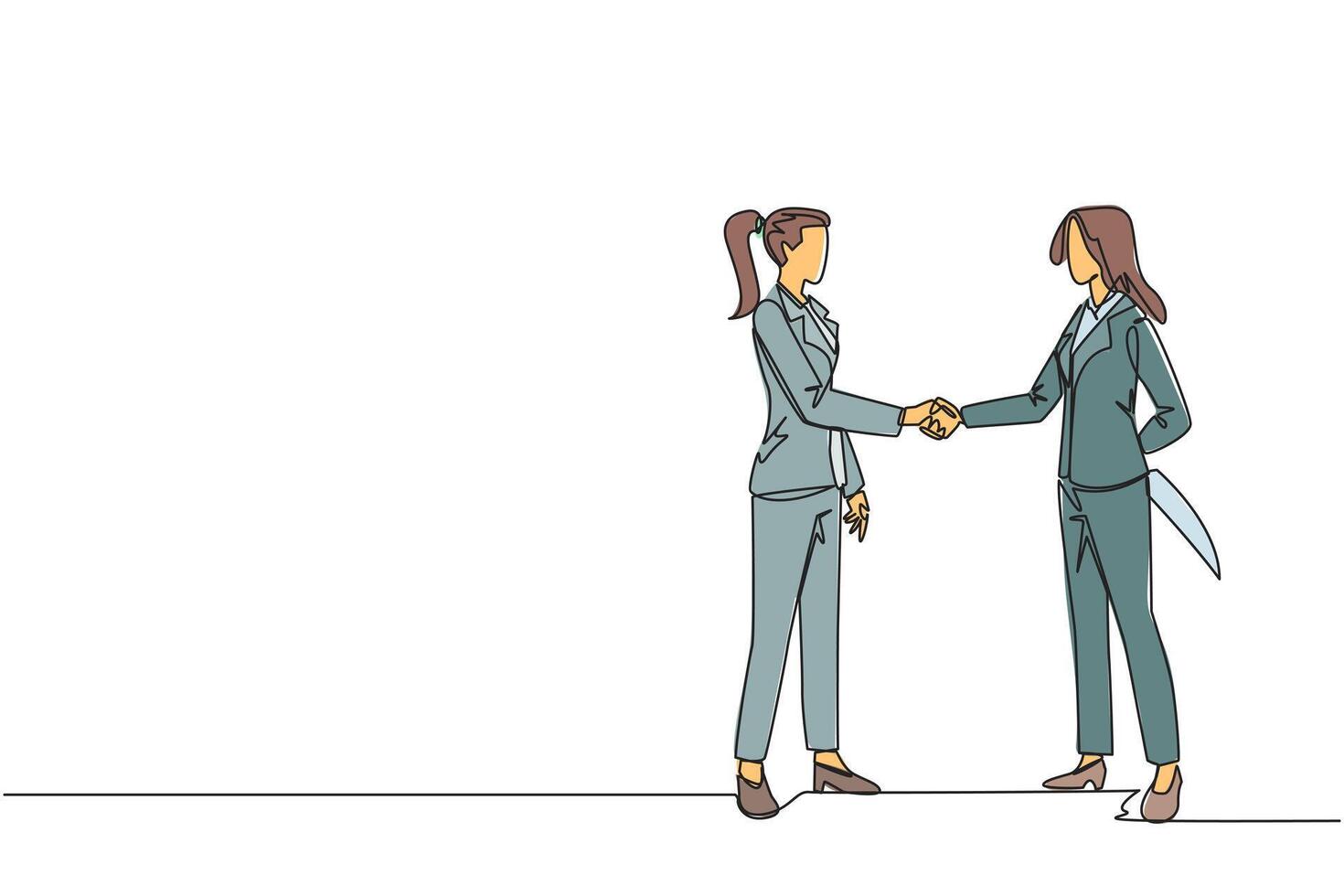 Continuous one line drawing two businesswomen shaking hands. One of them holding knife behind back. Getting ready to stab. Must win at all costs. Traitor. Single line draw design illustration vector