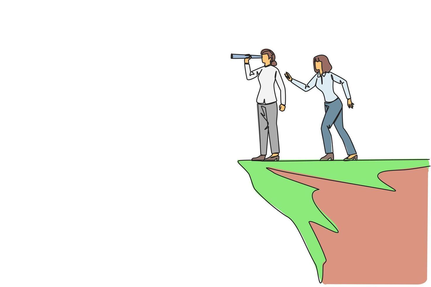 Single one line drawing businesswoman monitoring something at the edge of a cliff using binocular. Monitoring business. Taken down by traitor from behind. Continuous line design graphic illustration vector