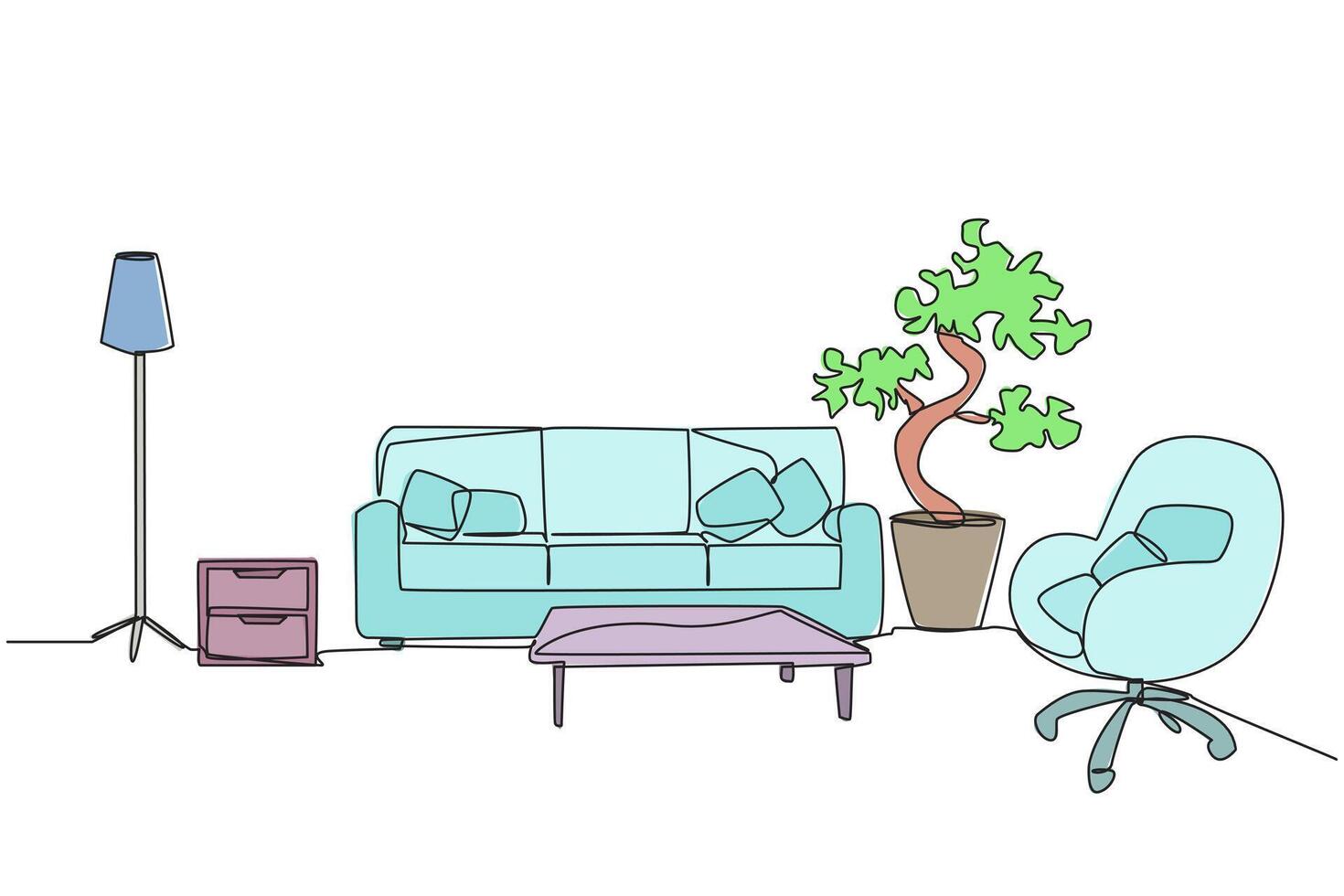 Single continuous line drawing stylish living room with furniture modern. Equipped with floor lamp for lighting needs and armchairs. Scandinavian interior design. One line design illustration vector