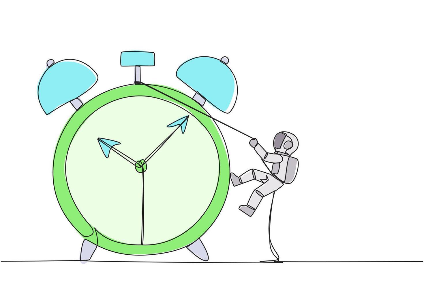 Single continuous line drawing young astronaut climbing alarm clock with rope. Work carefully to complete each task. Works perfectly without any errors. Work hard. One line design illustration vector