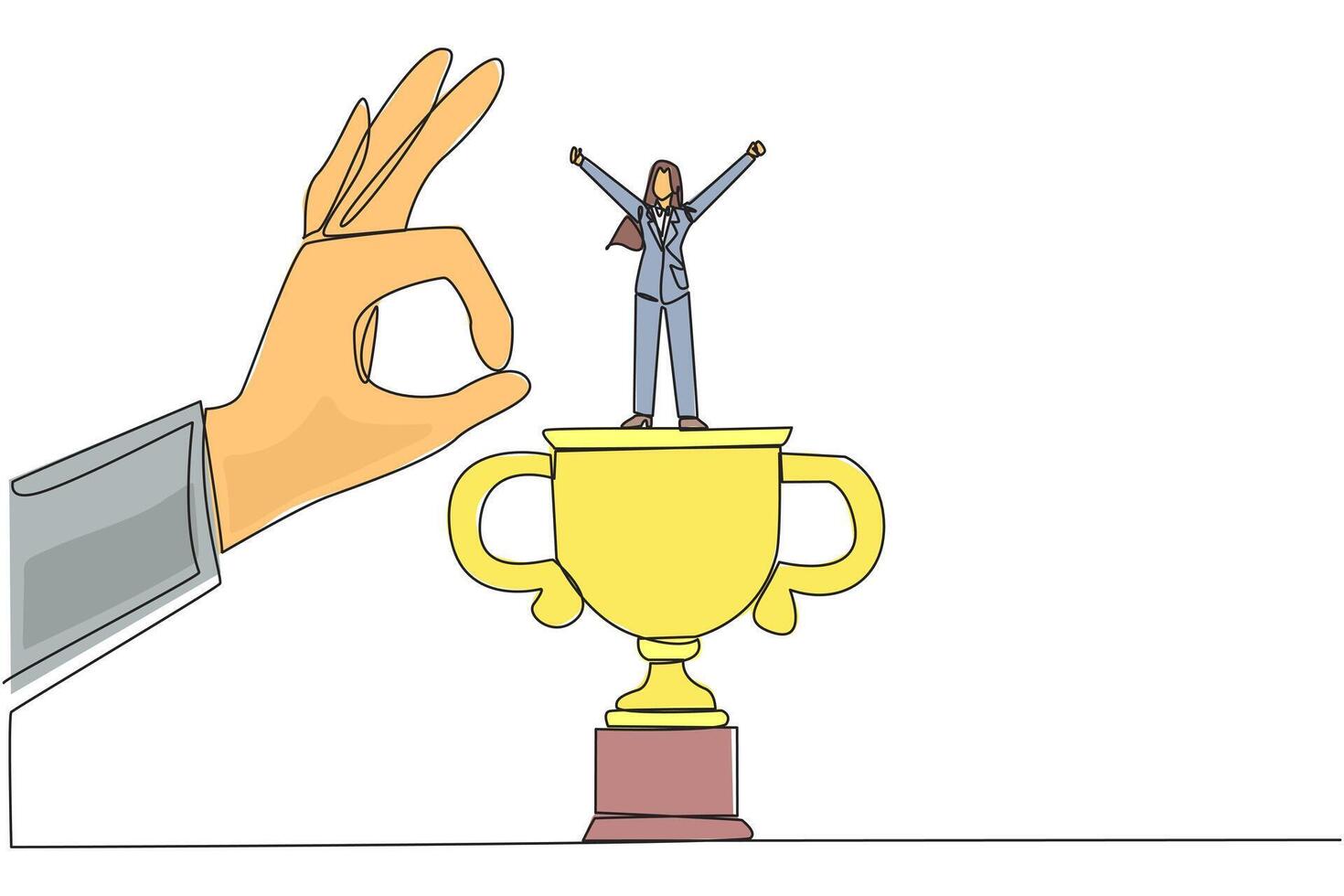 Single continuous line drawing businesswoman standing on big trophy. Celebrating the success of the business. Got fraudulent business opponents. Falling helpless. One line design illustration vector