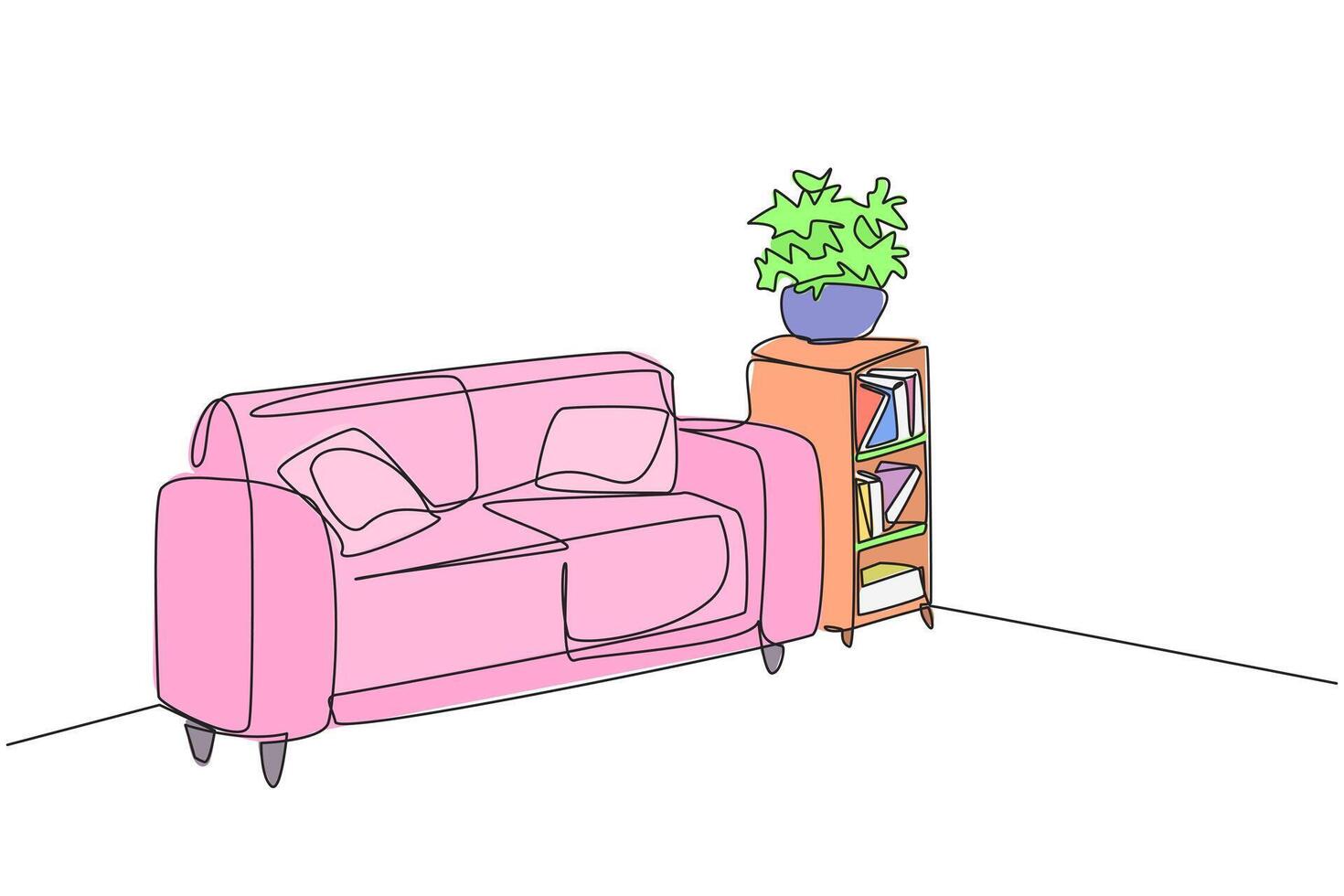 Single continuous line drawing stylish living room with full furniture modern. Design simple minimalist. Comfortable waiting room with comfortable sofa. Cozy room. One line design illustration vector