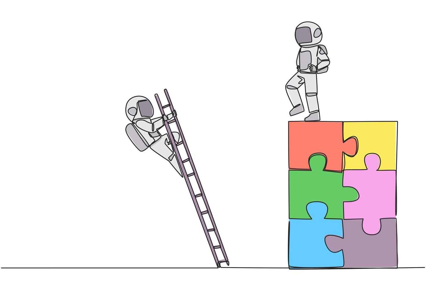 Single continuous line drawing the astronaut kicks opponent who climbing the puzzle with the stairs. Betrayed by colleague when successfully resolving a problem. One line design illustration vector