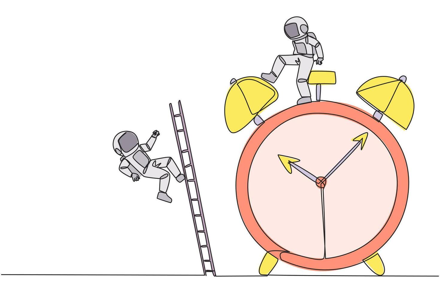 Single one line drawing astronaut kicks opponent who climbs the alarm clock with ladder. Arrogance. No need for colleagues to complete many deadlines. Continuous line design graphic illustration vector