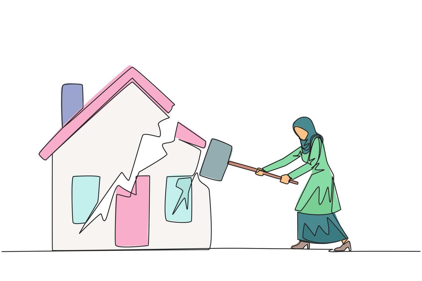 Single continuous line drawing Arabian businesswoman preparing to hit miniature house. Metaphor of house as collateral for payment. Fails. Home is gone. Bankrupt. One line design illustration vector