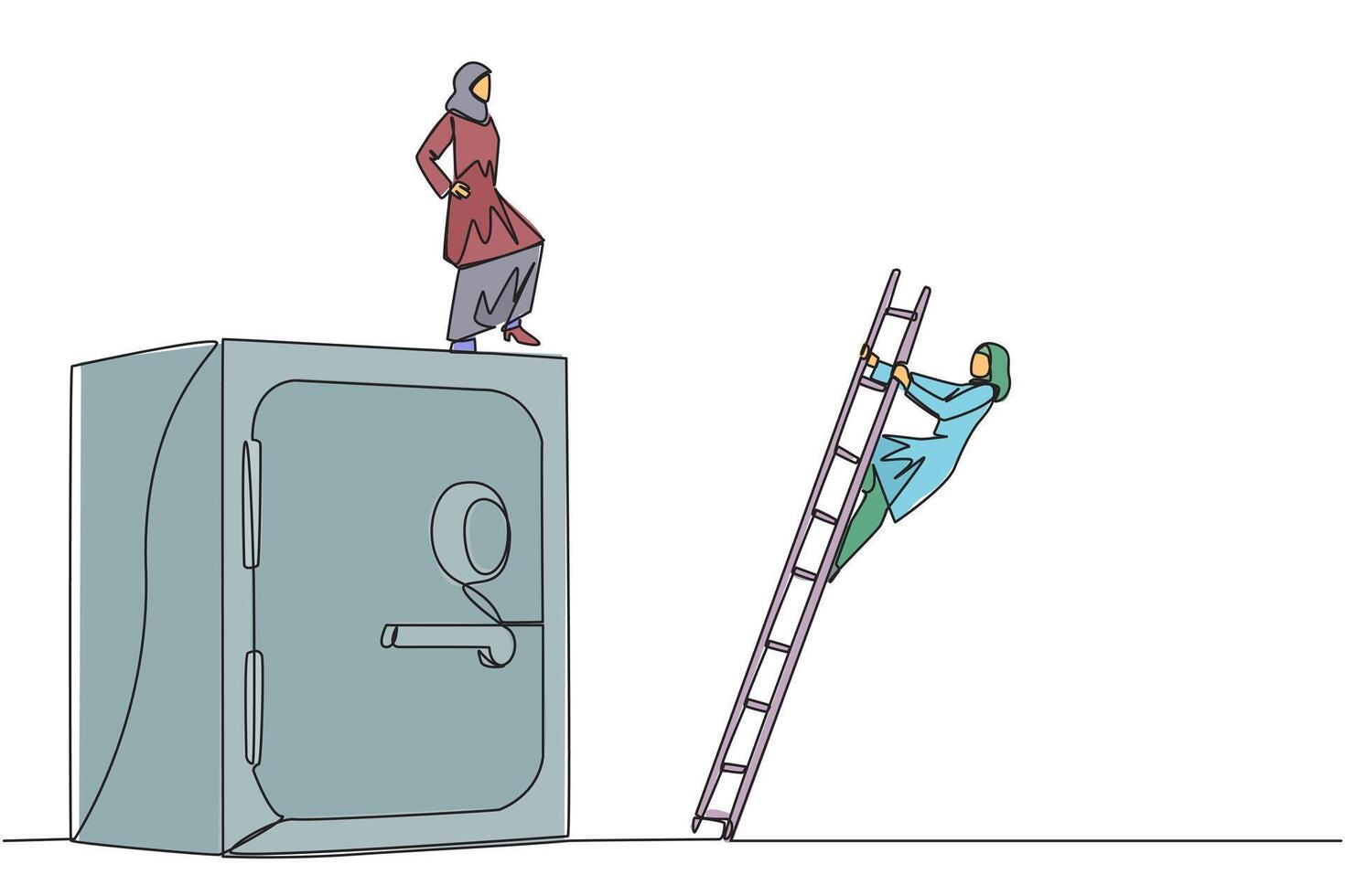 Single one line drawing Arab businesswoman kicks opponent who climbs safe deposit box with ladder. Dropped roughly. Unable to save important files. Rival. Continuous line design graphic illustration vector