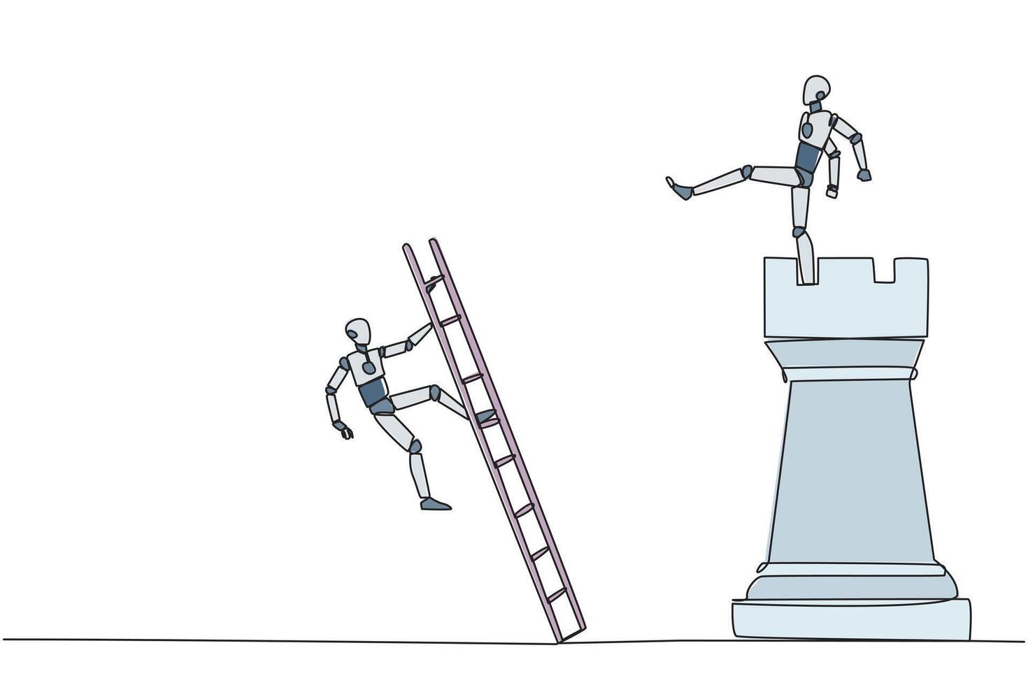 Single one line drawing smart robot kicks opponent who climbing the chess rook with ladder. Wrong move. Wrong strategy. Plan leaked by colleague. Traitor. Continuous line design graphic illustration vector