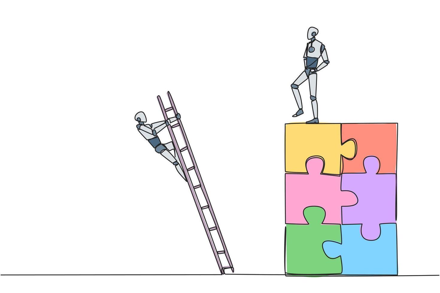 Single continuous line drawing smart robot kicks rival who is climbing the diamond with a ladder. Knocking rival down from achieving a glorious position together. One line design illustration vector