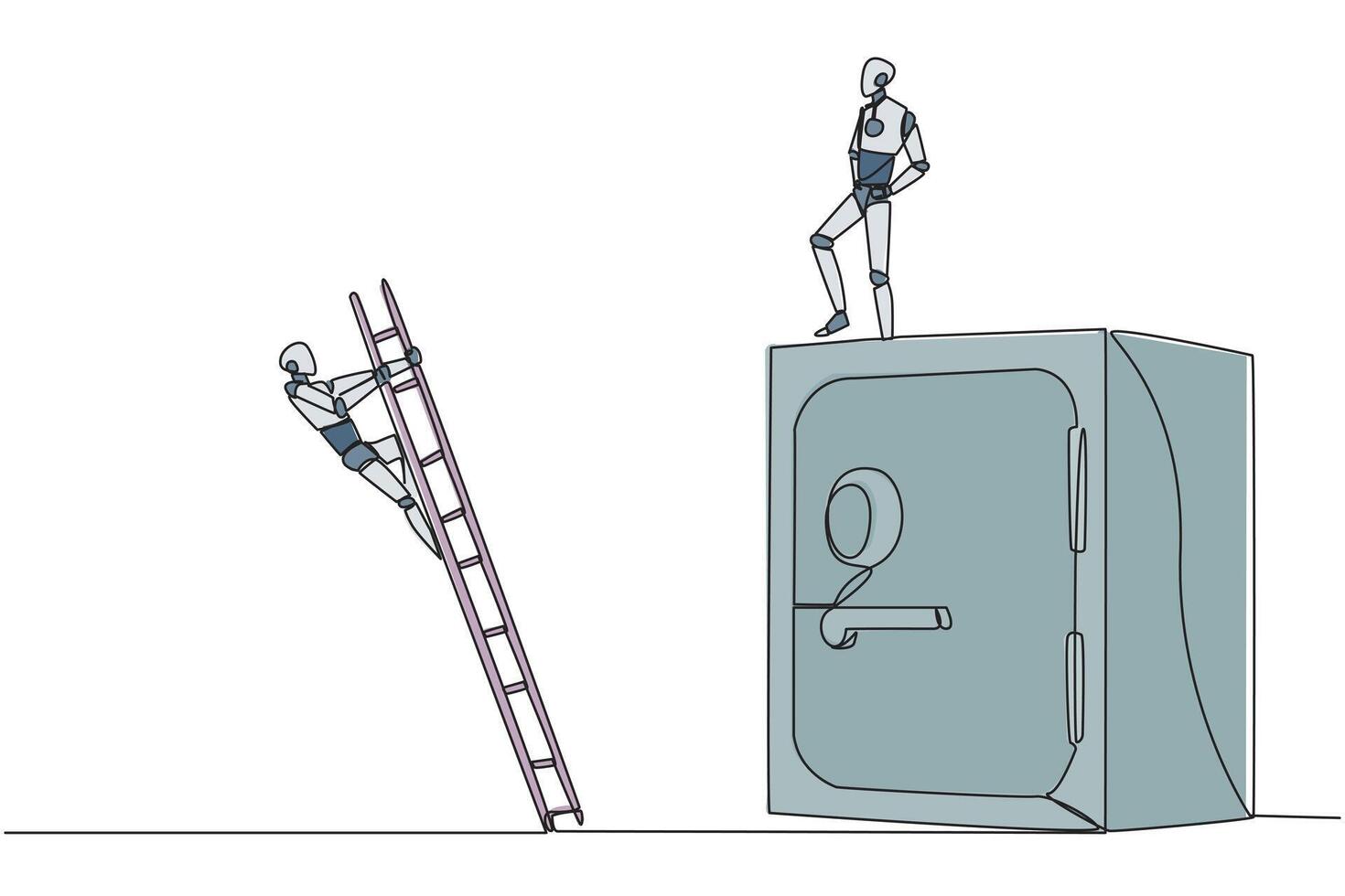 Single continuous line drawing the smart robot kicks opponent who is climbs safe deposit box with ladder. Dropped roughly. Unable to save important files. Rival. One line design illustration vector