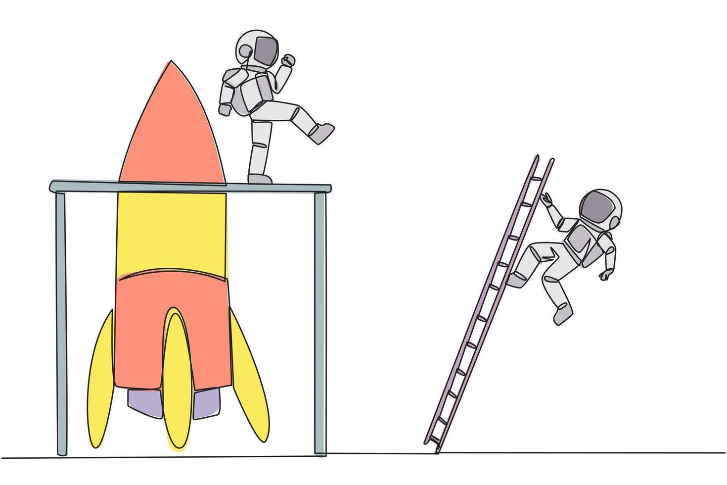 Single continuous line drawing astronaut kicks opponent who climbing the rocket with ladder. Failure to open new business. Cheated by business friend. The traitor. One line design illustration vector