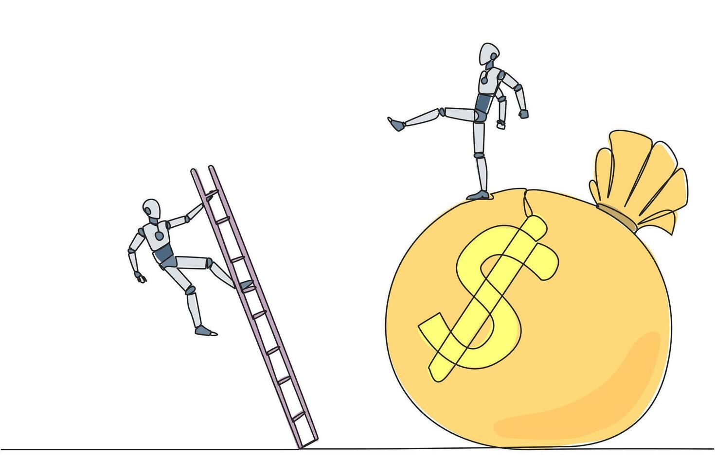 Single continuous line drawing smart robot kicks opponent who is climbing the money bag with a ladder. Cheated by a business partner. Unprofitable business. Rival. One line design illustration vector