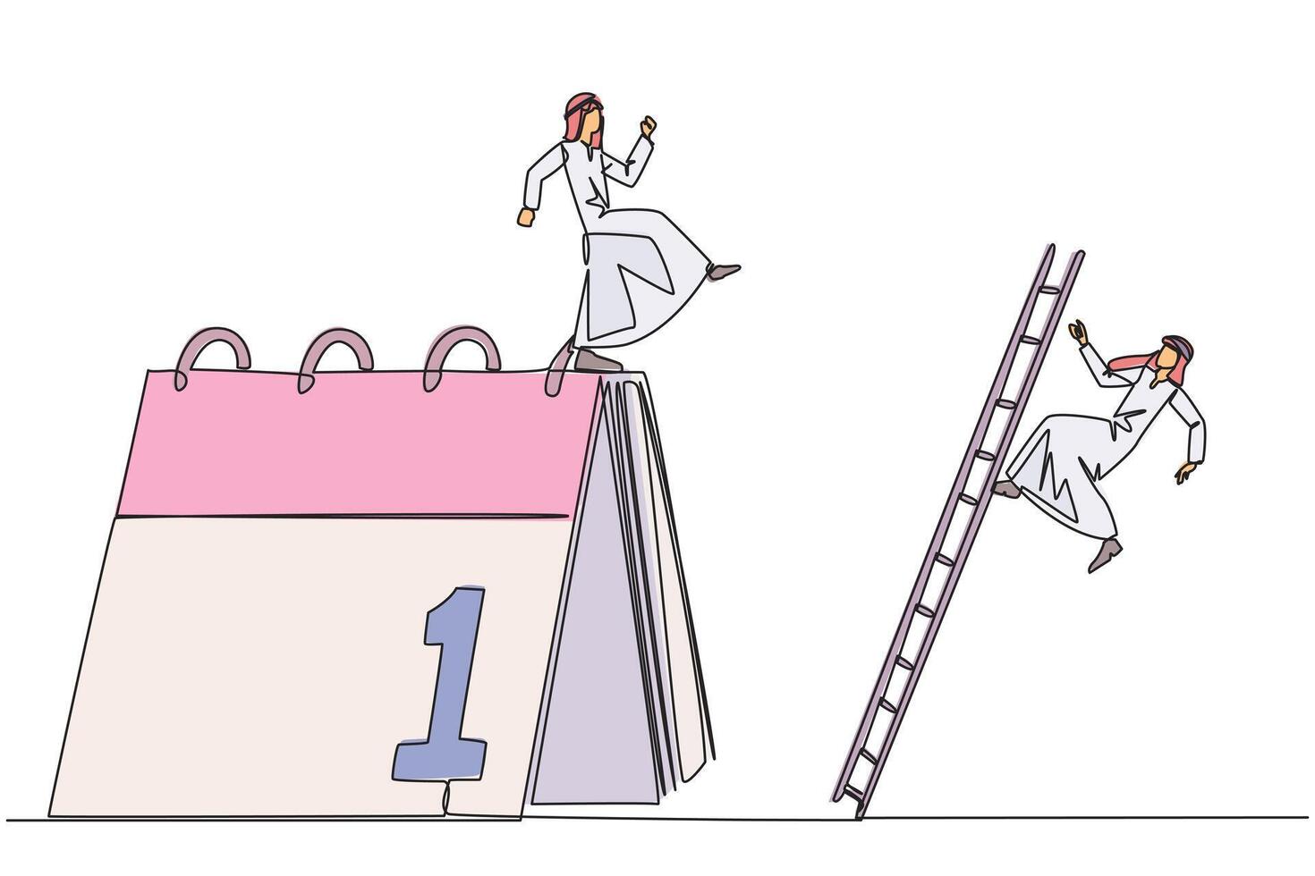 Continuous one line drawing Arab businessman kicks opponent who is climbing a desk calendar with a ladder. Vacations will be canceled due to many deadlines. Single line draw design illustration vector