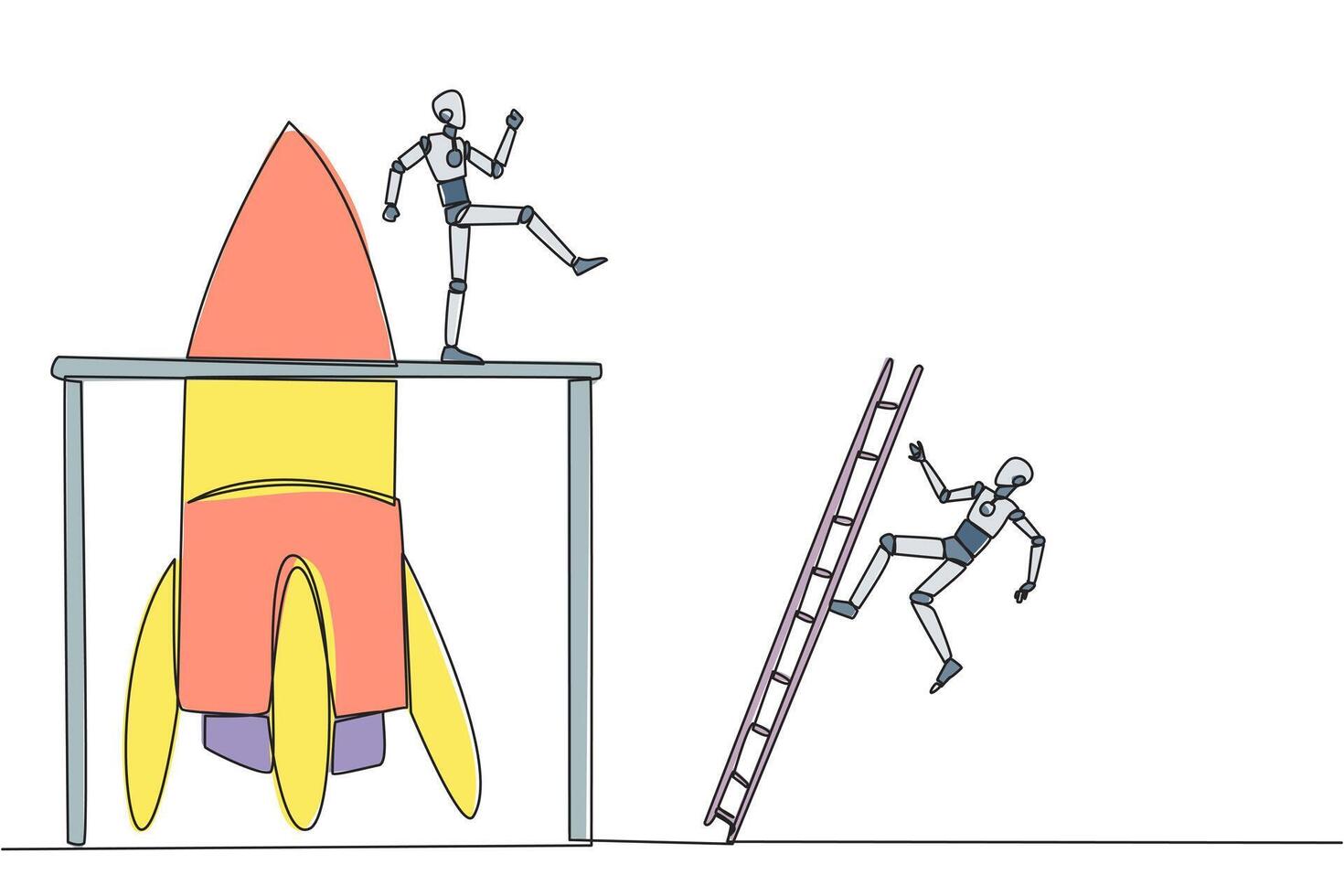 Continuous one line drawing the robot kicks opponent who climbing the rocket with ladder. Failure to open new business. Cheated by business friend. Traitor. Single line draw design illustration vector