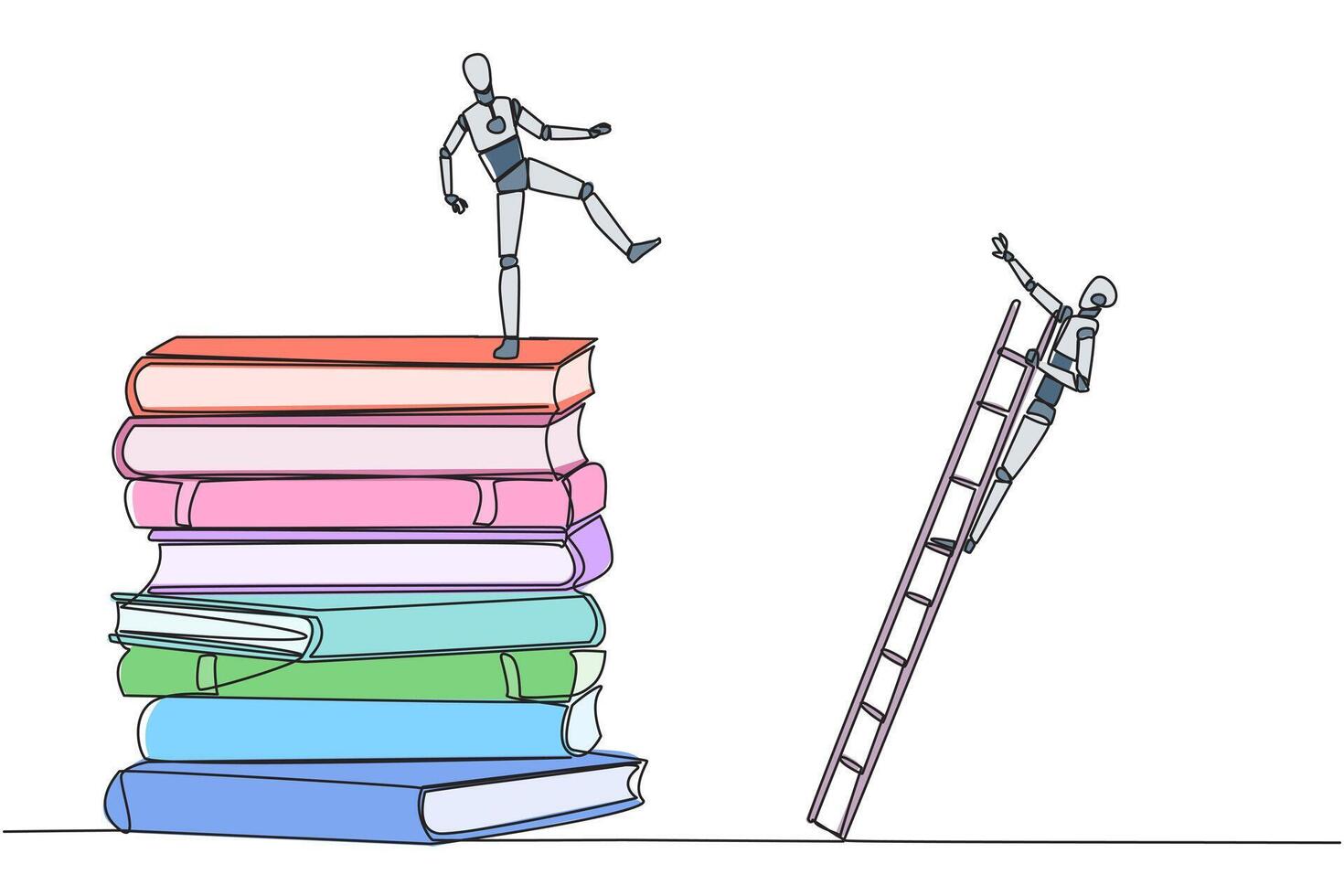 Continuous one line drawing smart robot kicks opponent who climbing a pile of books with a ladder. Failed to gain access to profitable business principles. Single line draw design illustration vector