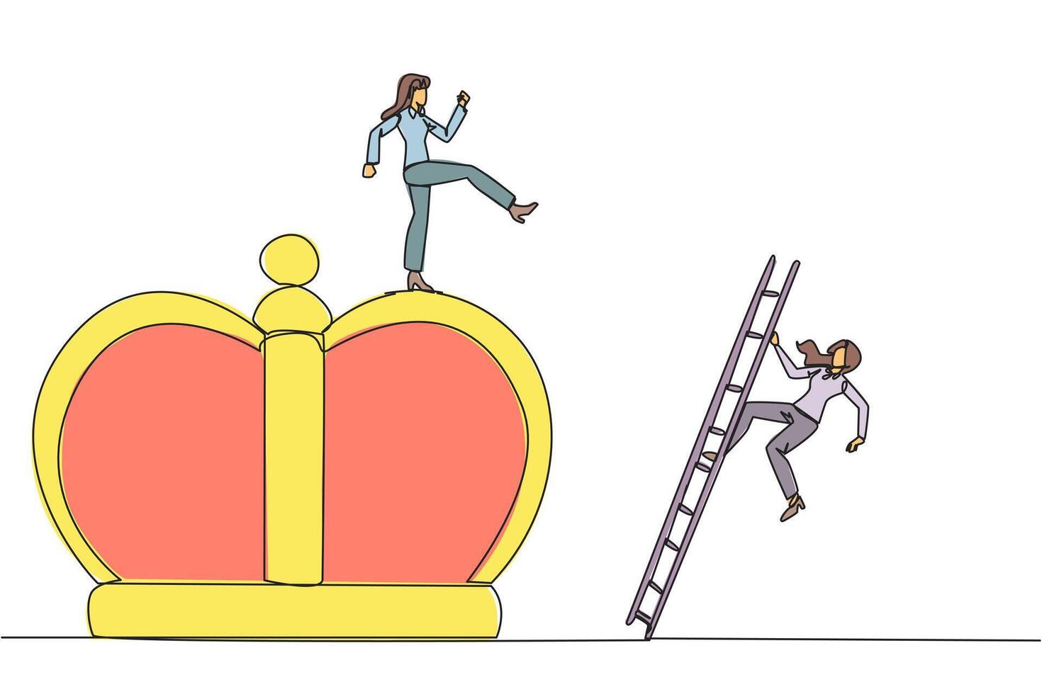 Single one line drawing businesswoman kicks opponent who is climbing the crown with a ladder. Making rivals fall from business glory. Unhealthy competition. Continuous line design graphic illustration vector