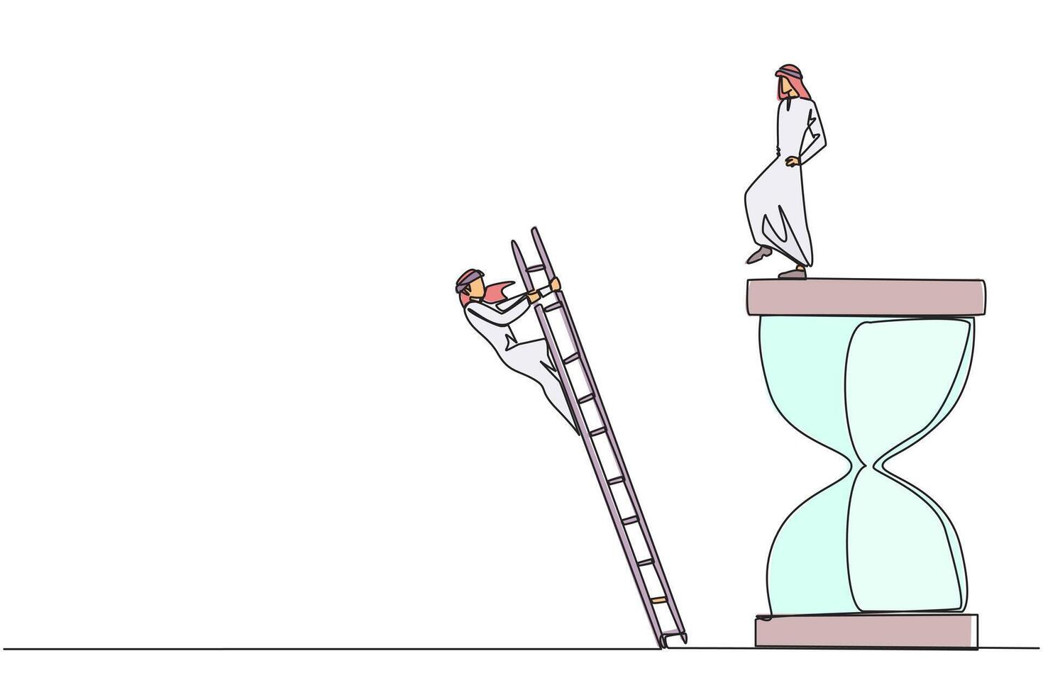 Single one line drawing Arab businessman kicks opponent who climbs the hourglass with a ladder. Not able to complete deadlines well. Dropped roughly. Rival. Continuous line design graphic illustration vector