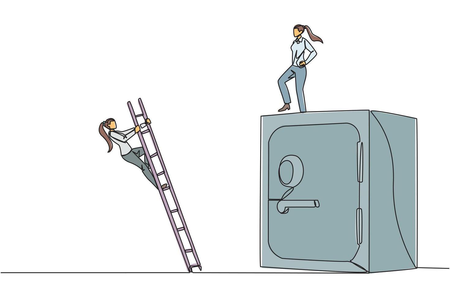 Single one line drawing businesswoman kicks opponent who climbing the safe deposit box with ladder. Dropped roughly. Unable to save important files. Rival. Continuous line design graphic illustration vector