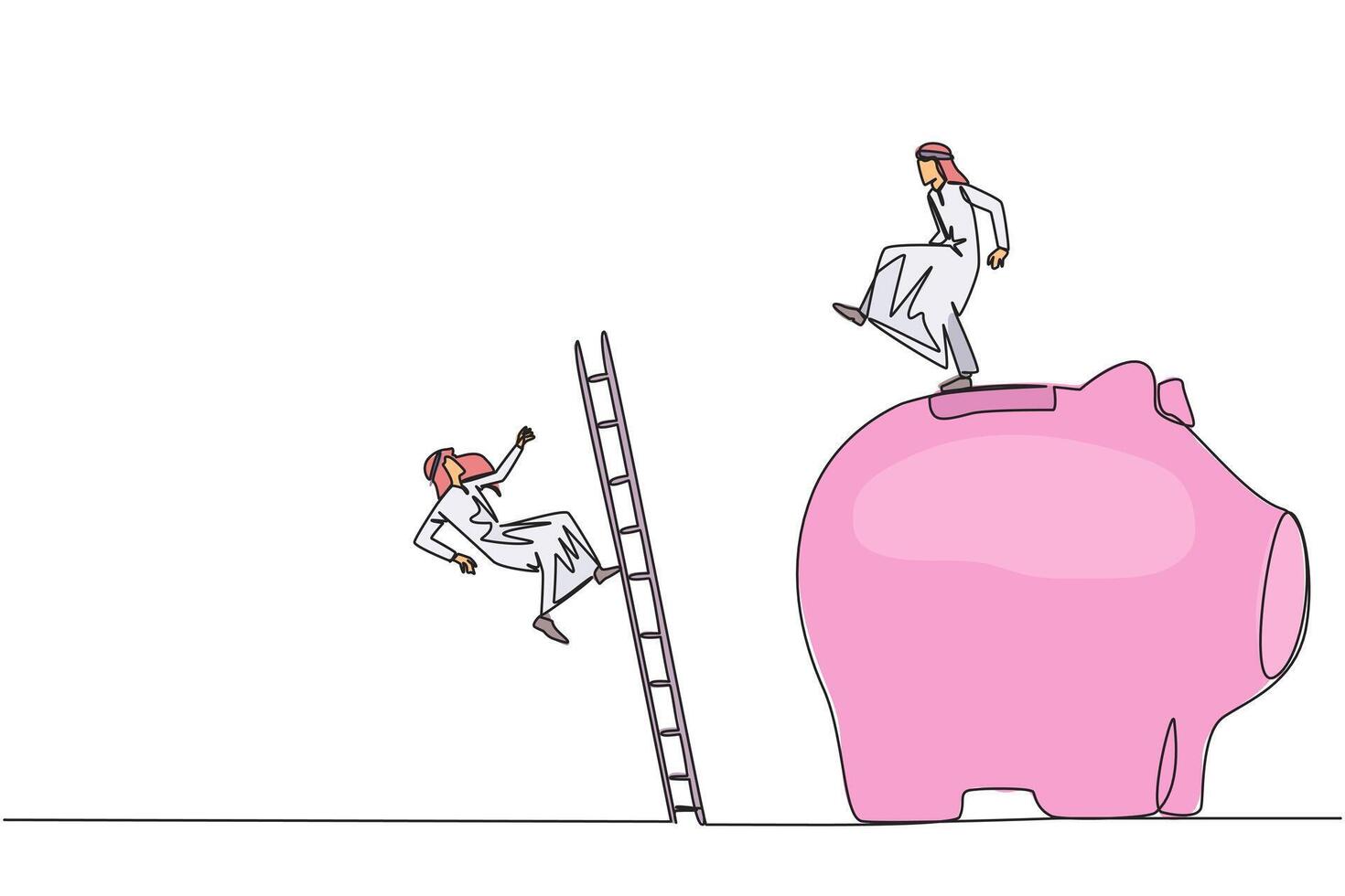 Continuous one line drawing Arab businessman kicks rival who climbs piggy bank with stair. Bringing down opponents so don't have any investment in future. Single line draw design illustration vector