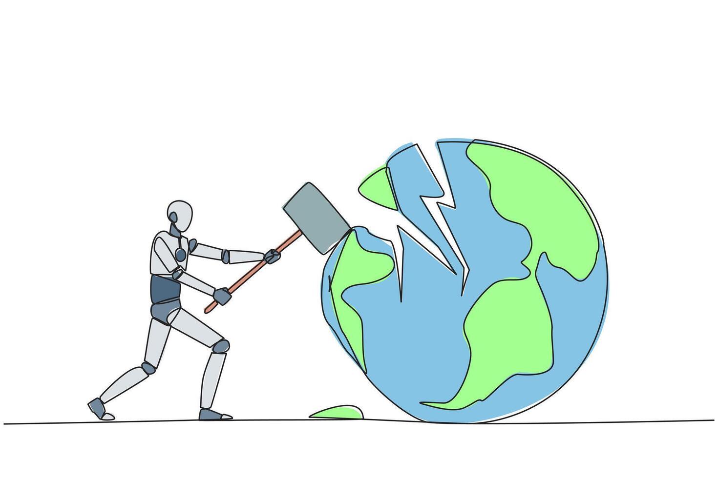 Single continuous line drawing smart robotic preparing to hit the big globe. Disappointed with the world. Businesses fall apart before it grow. Deepest anger. One line design illustration vector