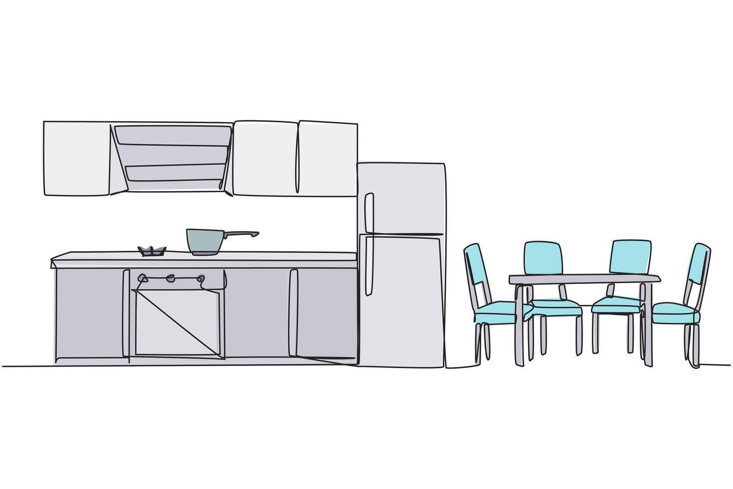 Continuous one line drawing the kitchen room has elegant classic feel. The dining table in a row gives a minimalist impression. Semi-modern style kitchen. Single line draw design illustration vector